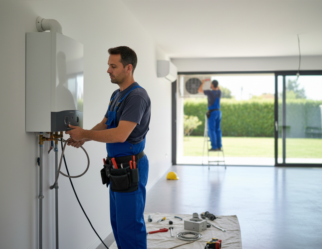 Técnico experto realizando el mantenimiento de una unidad de aire acondicionado en un tejado de Madrid